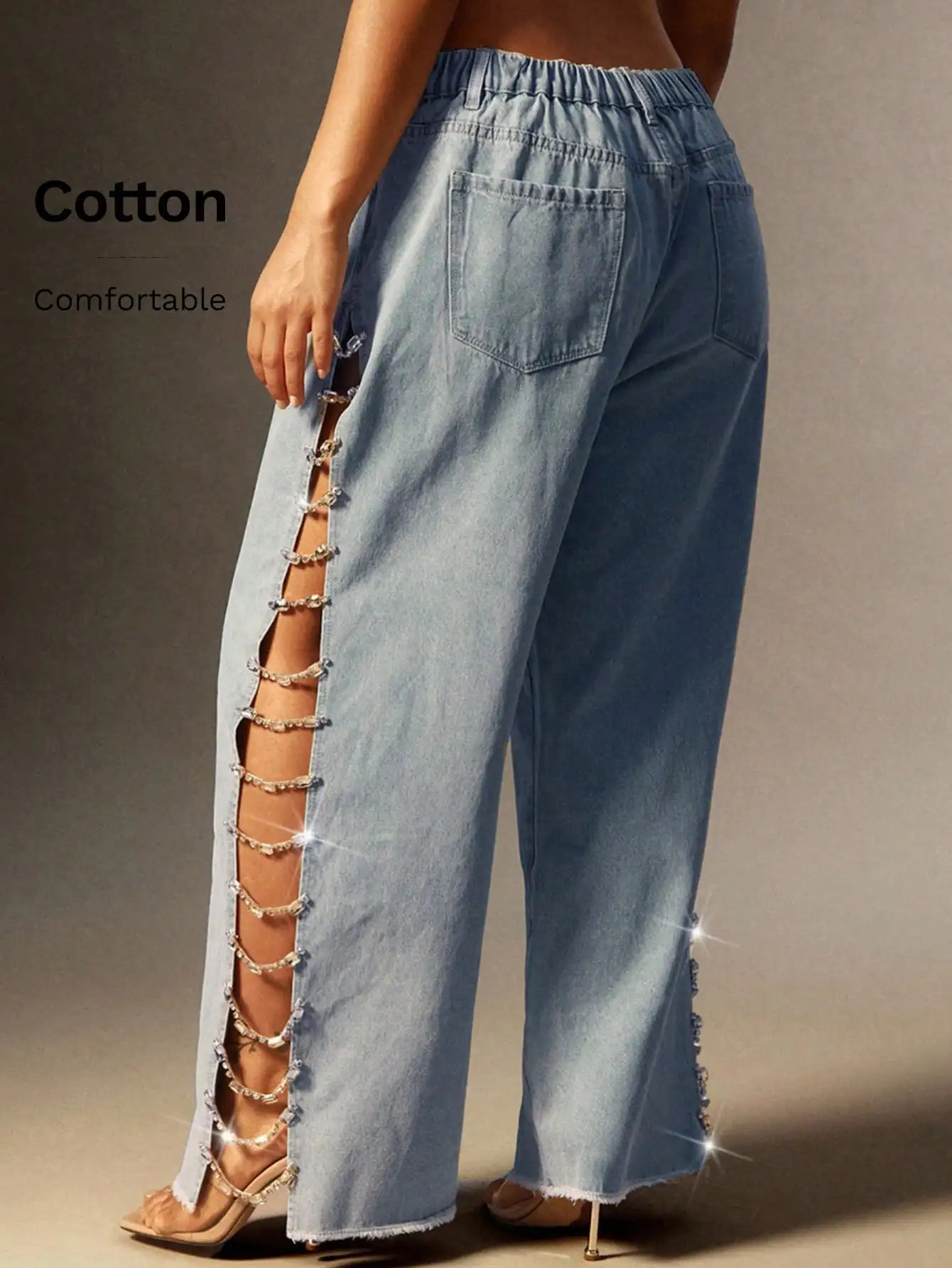 Denimoi Rhinestone Chain Split Sit Mid Rise Wide Leg Denim Jeans