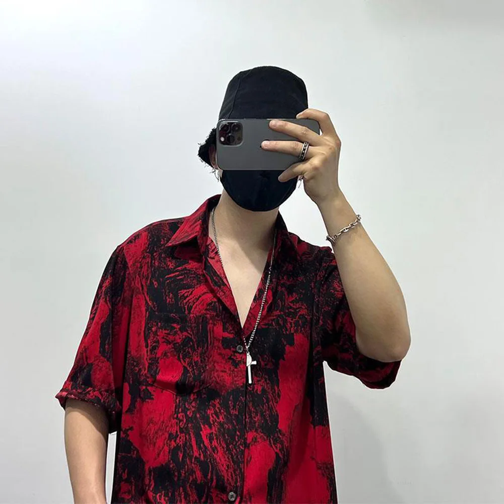 Mens Shirt Irregular Red Landscape Painting Shirt Summer Daily Niche Beach Vacation Hawaii Personality Top Men'S Clothing 2024