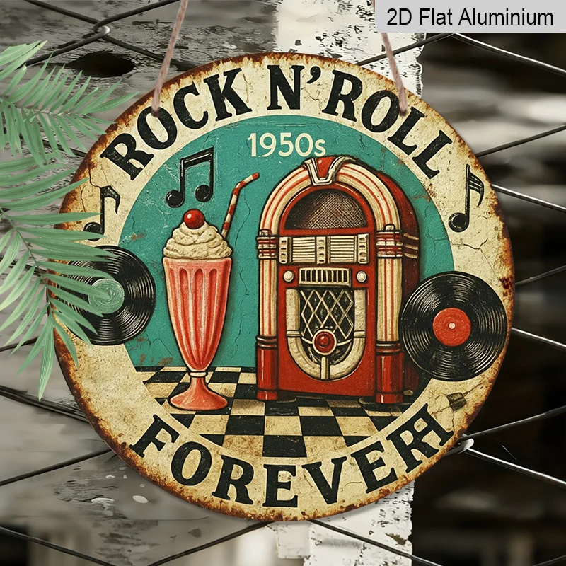 2D Flat, Vintage 1950s Rock 'n' Roll Metal Wall Art - Retro Jukebox with Vintage Car, 50s Music Icons (1950-1959), Aluminum