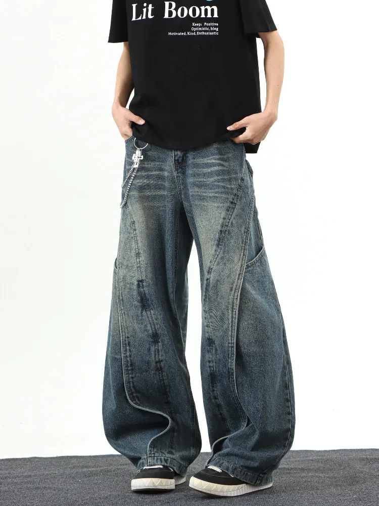 

Retro American Washed Distressed Straight Leg Men's Jeans Trendy Brand Cool Streetwear Pants Vintage Style Loose Fit