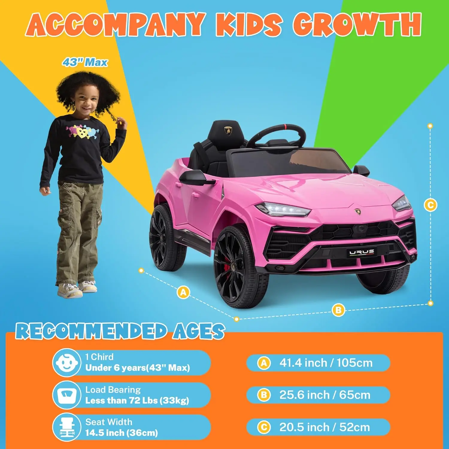 Voiture Urus sous licence 12V, jouet de roue électrique de voiture SUV avec télécommande Parent, lecteur de musique, Radio FM, phares LED,