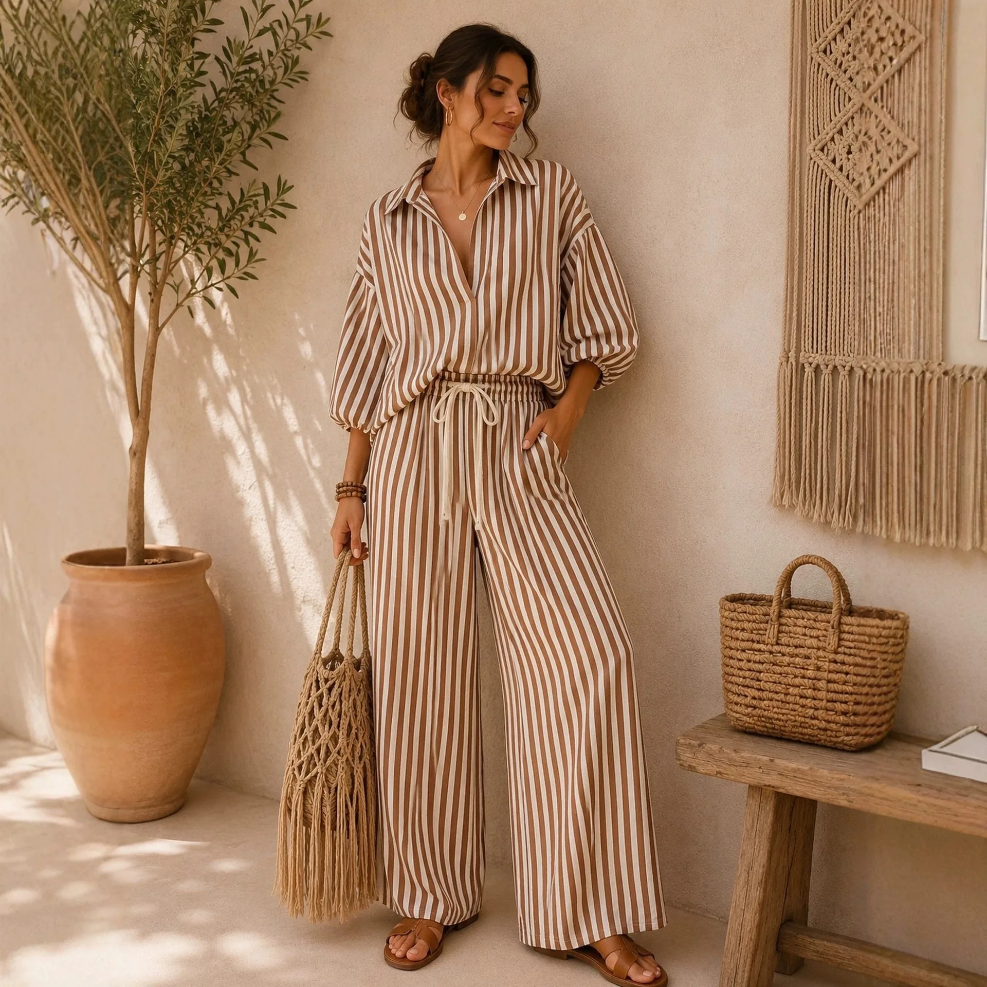 2026 Women’s Summer Fashion New Collection: Stylish Striped Long-Sleeve Shirt, Comfortable Pants, Two-Piece Set