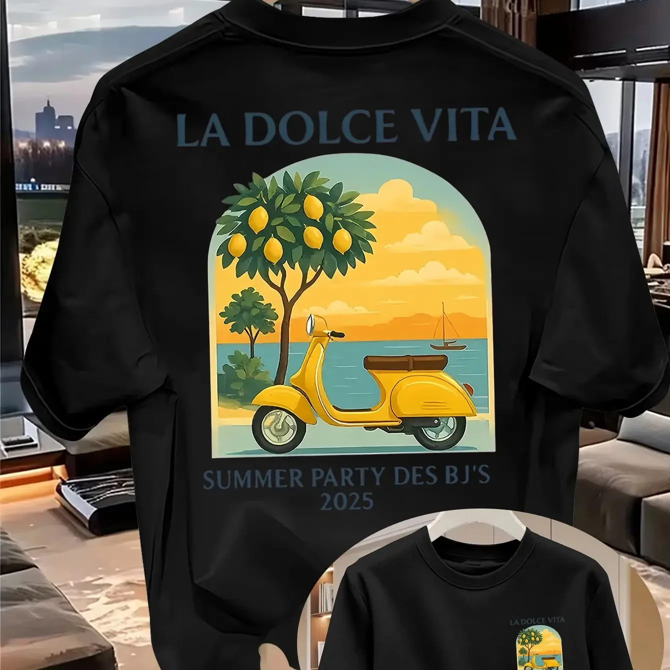 Retro Men's Cotton T-Shirt La Dolce Vita Italian Vespa Lemon Tree Mediterranean Seaside Sunset Print Men's and Women's T Shirt