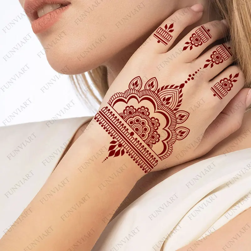 Disposable Flower Fake Tattoo for Women Maroon Henna Tattoo Stickers for Hand Fingers Body Art Waterproof Temporary Tattoos