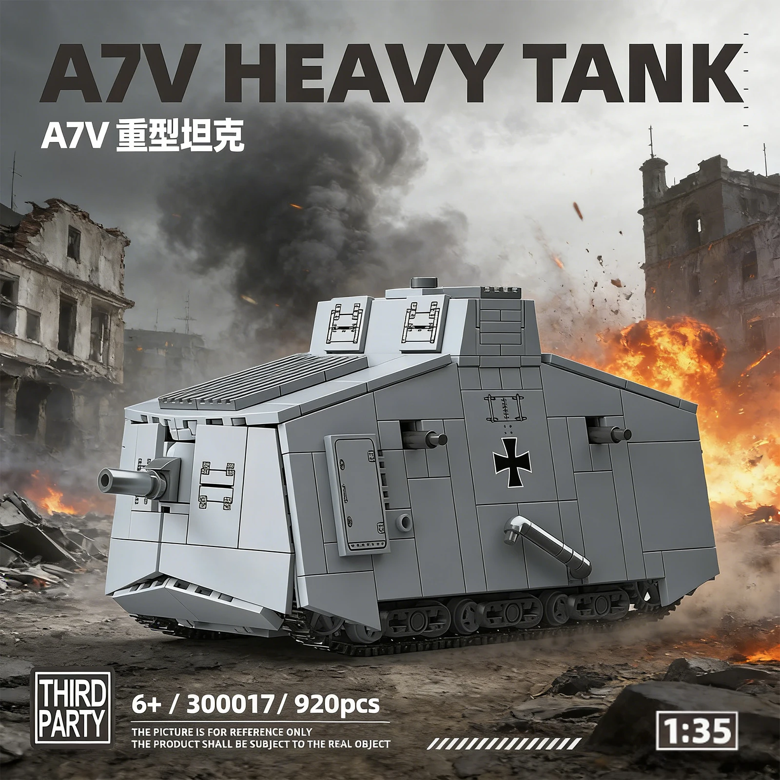 

920PCS 1:35 Classic Tracked Tank Model WW1 Germany Military A7V Heavy Tank Building Blocks Armored Gun Vehicle Boys Toys Gifts
