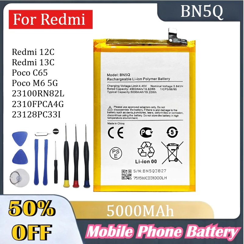 

BN5Q For Redmi 12C/Redmi 13C/Poco C65/Poco M6 5G/23100RN82L/2310FPCA4G/23128PC33I Mobile Battery Replacement Batteries