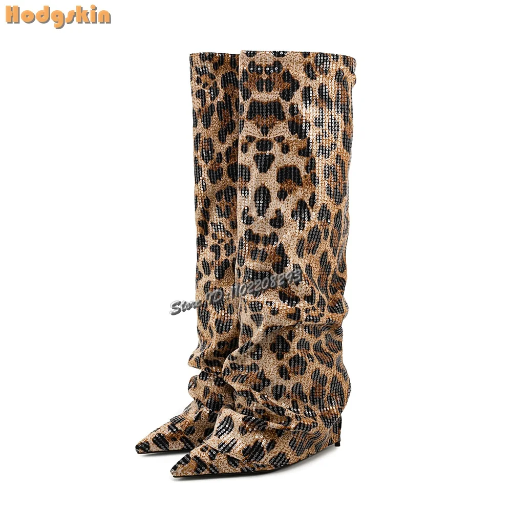 

Leopard Sequin Knee-high Boots Pleated Pointed Slip-on High Heels Modern Boots 2025 Summer New Women Fashion Stiletto Shoes