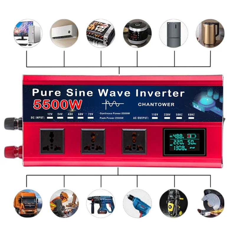 Pure Sine Wave Inverter DC 12v/24v To AC 110v/220v 5500W 5000W 4400/4000W 3000W 2000W Voltage Converter Car Solar Power Inverter