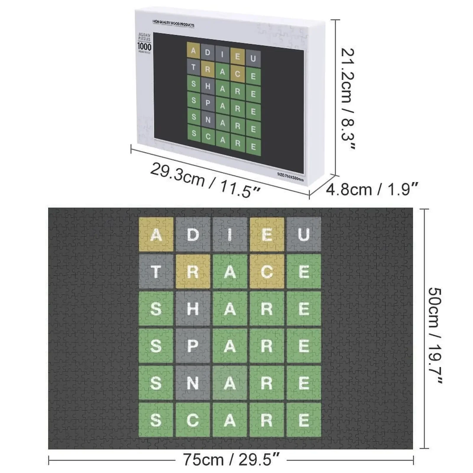 Desfrute com o jogo de quebra-cabeça Wordle - Adieu, Trace, Share, Spare, Snare, Assustar Quebra-cabeça Presentes personalizados Quebra-cabeça personalizado