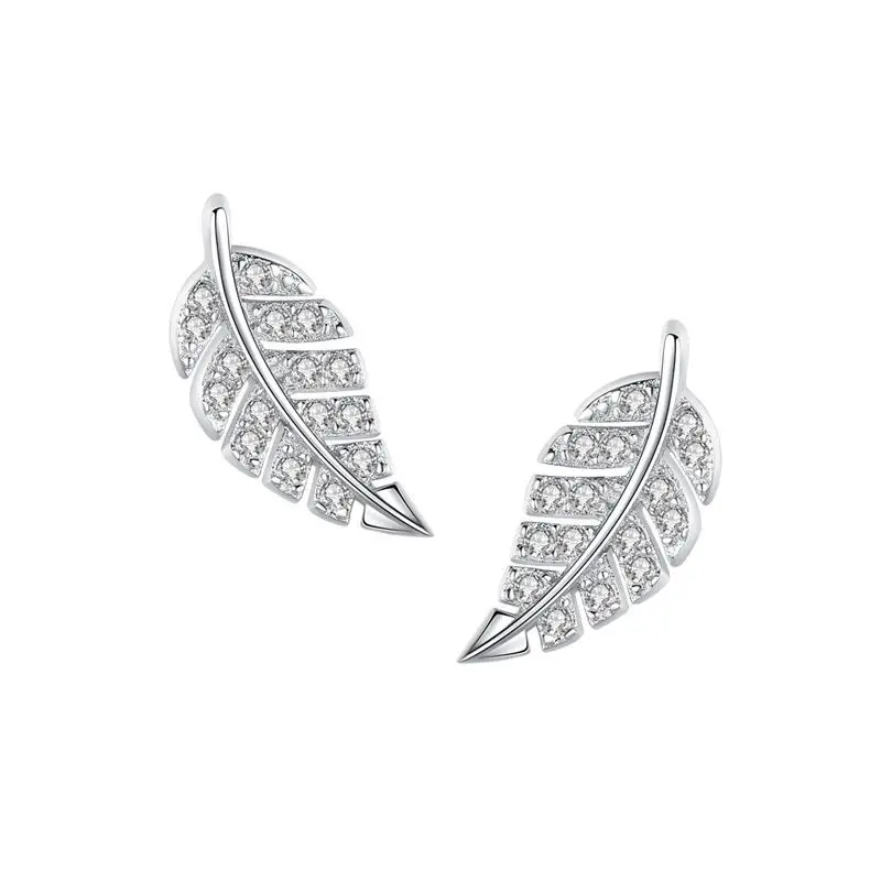 

Модные серьги-гвоздики с родиевым покрытием и цирконами в виде листьев S925, серебряные серьги-гвоздики с перьями