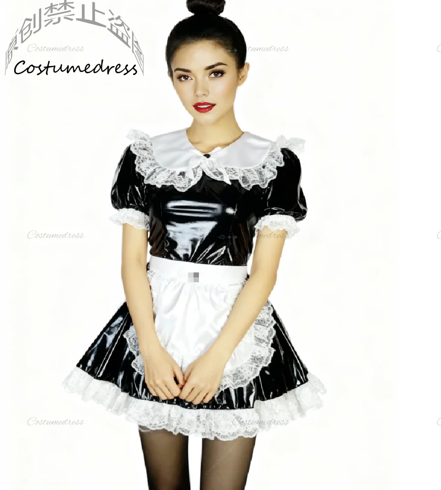 

Sexy Gothic Maid Dress 2026 Peter Pan Black And White Mini Evening Dress Pvc Cosplay Party Prom Dress Lace Short Cocktail Party
