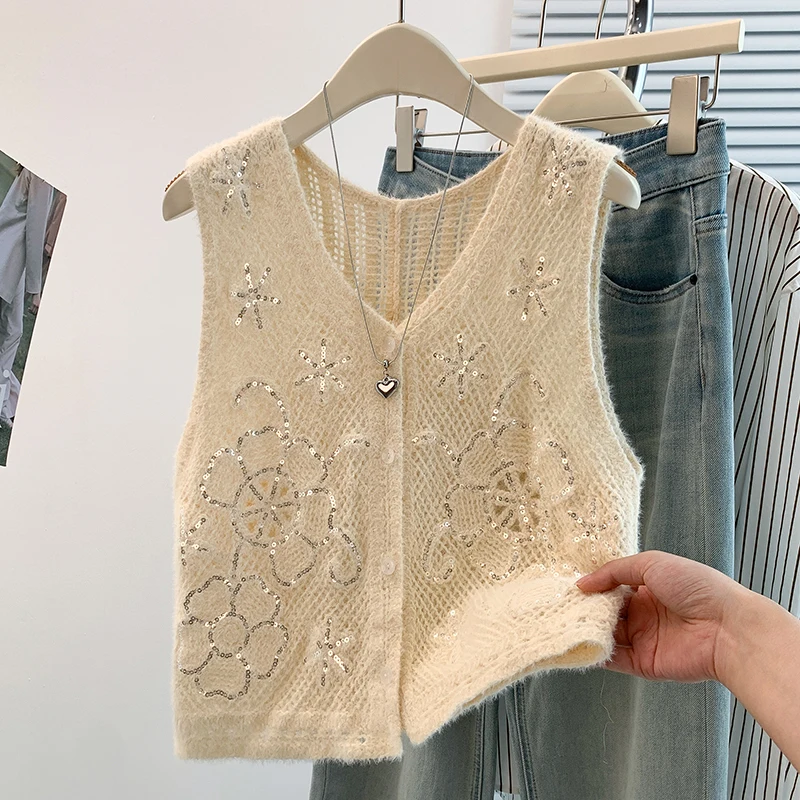 Elegant V-Neck Hollow out Sequin Women's Vest Autumn High-End Versatile Slimming Outerwear Layering Trendy Cotton Blend