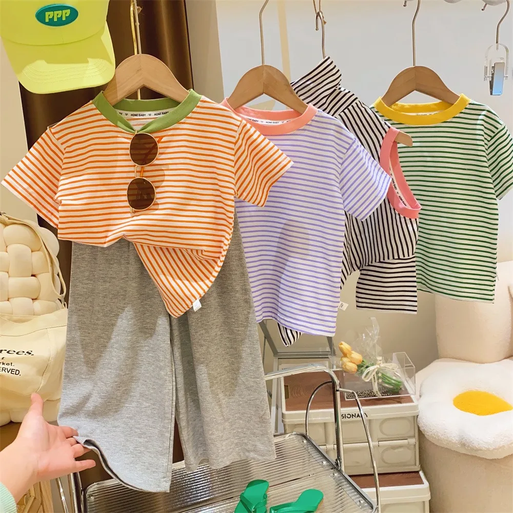 Children's Short-Sleeved Boys Girls 2024 Summer New Striped T-Shirt Baby Thin Section Half-Sleeved Bottoming Shirt Casual Wear