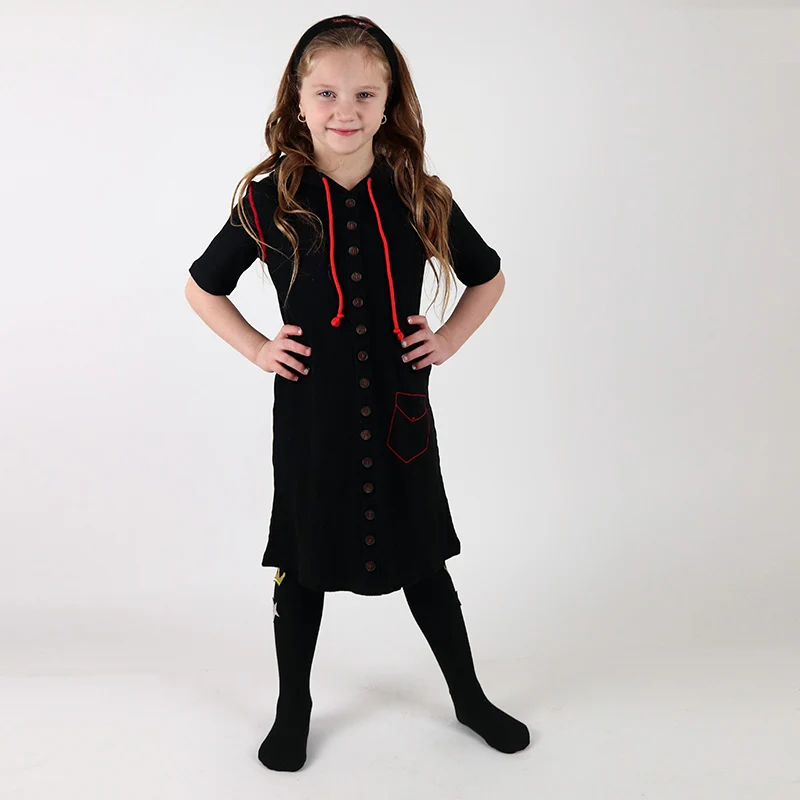 Girls dress summer short sleeve and long sleeve kids clothes front buttons children clothing black ribbed with hooded red string