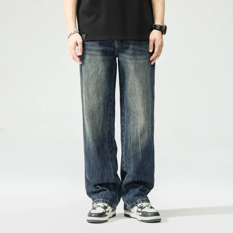 

Новые мужские темно-синие джинсы, высококачественные уличные ретро свободные прямые брюки, мужские модные повседневные брюки в лаконичном стиле, мужская одежда