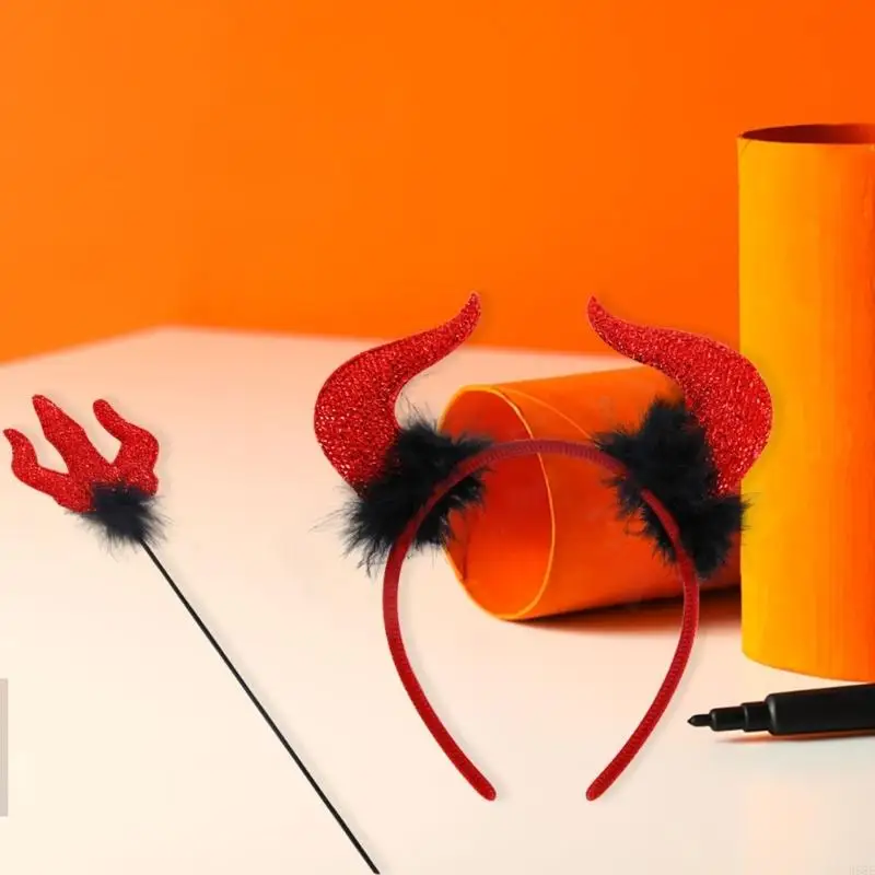 H58E Halloween Devil Headband Deval Wand, Devil Jess Up kostuumaccessoires voor volwassen cosplayfeest, themafeest, carnavals