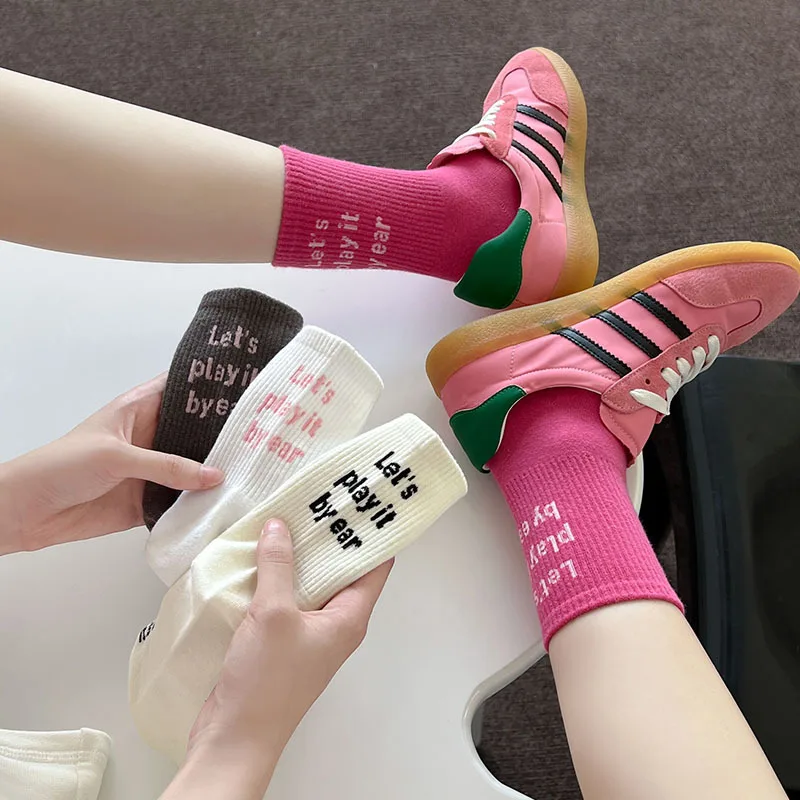 Socks Girls Spring Fall Mid-tube Cotton Socks Ins Trend Letters Solid Color Stockings Spring Sports Student Personality Socks