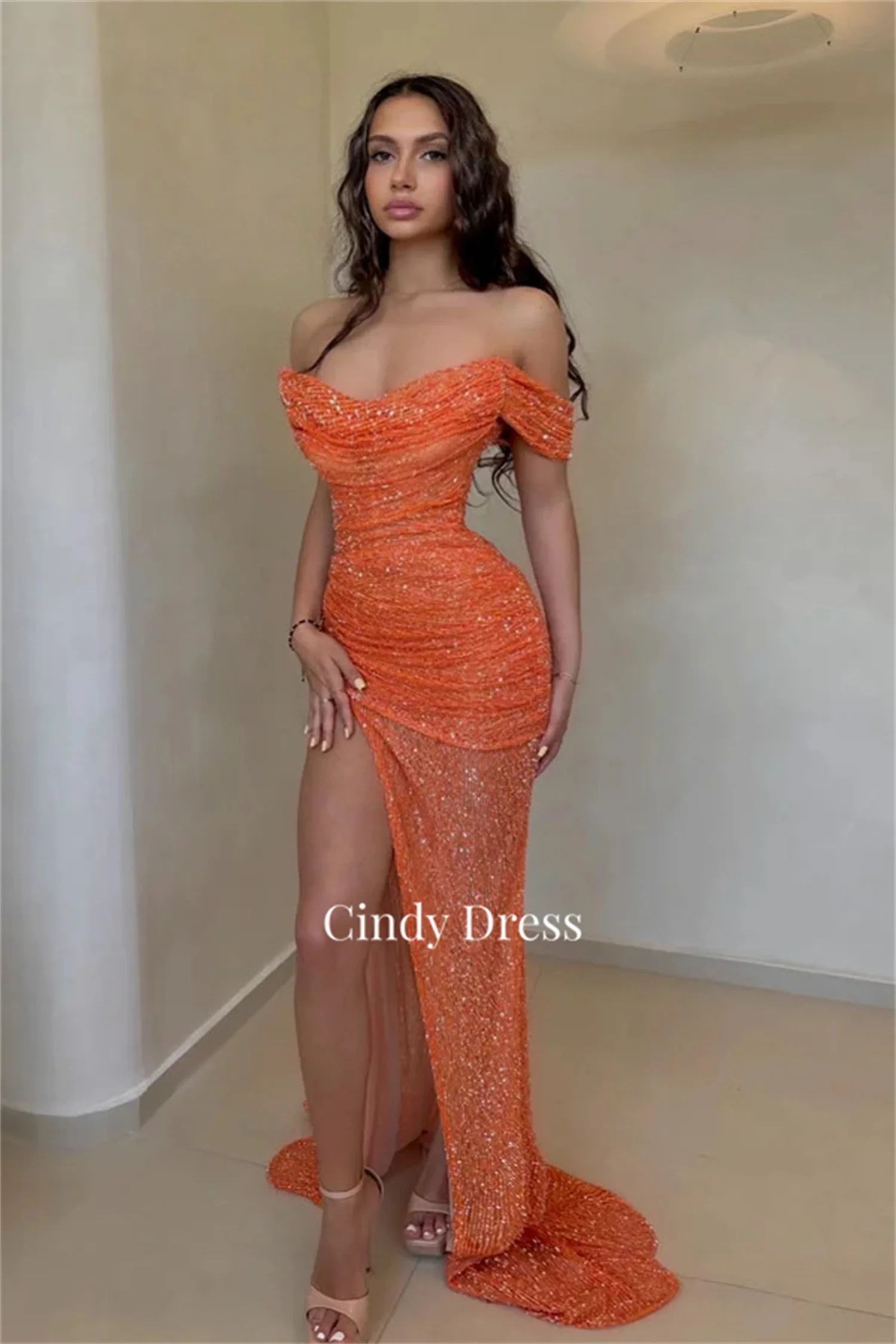 Orange Shiny Mermaid Strapless Sexy Dress Dresses Party Women Elegant Luxury Evening Customized Gala Woman Long Gown Woman\'s