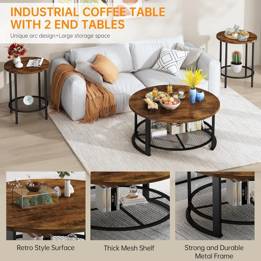 Modern 3-Piece Living Room Coffee and End Table Set with Round Design and Ample Storage