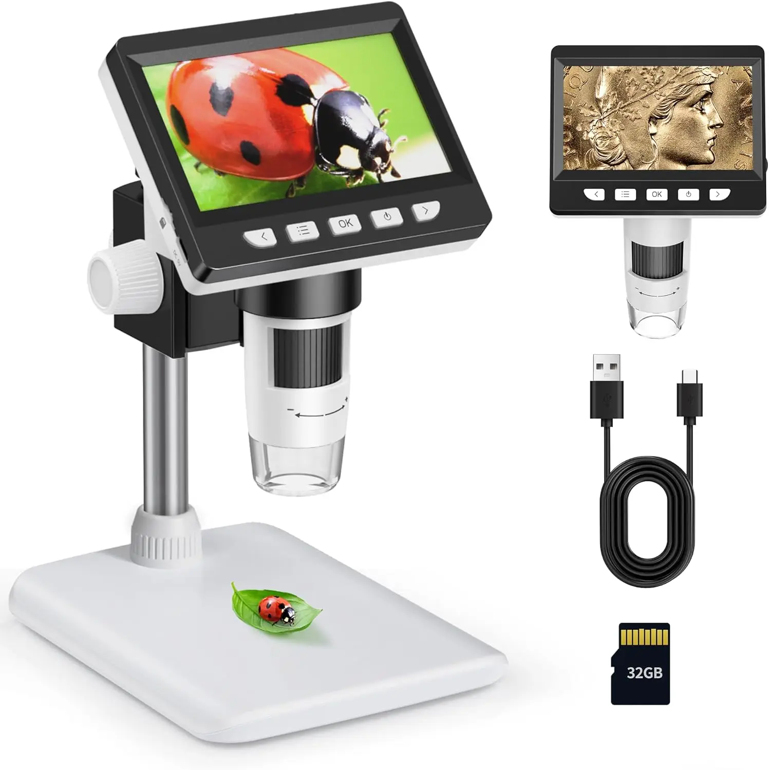 Letcmoi 4.3" IPS Digital Microscope 1000X 1080P Coin Microscope Magnifier with 8 Adjustable LED Light 10MP Camera Video Recorder