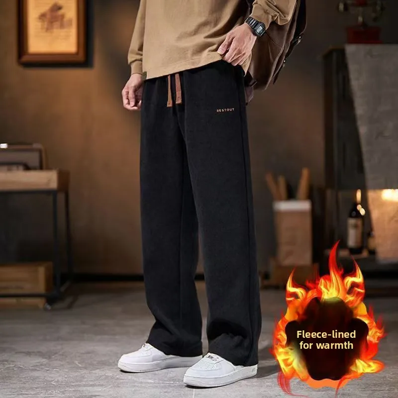 

Мужские утепленные хлопковые брюки прямого кроя на флисовой подкладке, теплые повседневные брюки, модная осенне-зимняя одежда, удобные свободные брюки