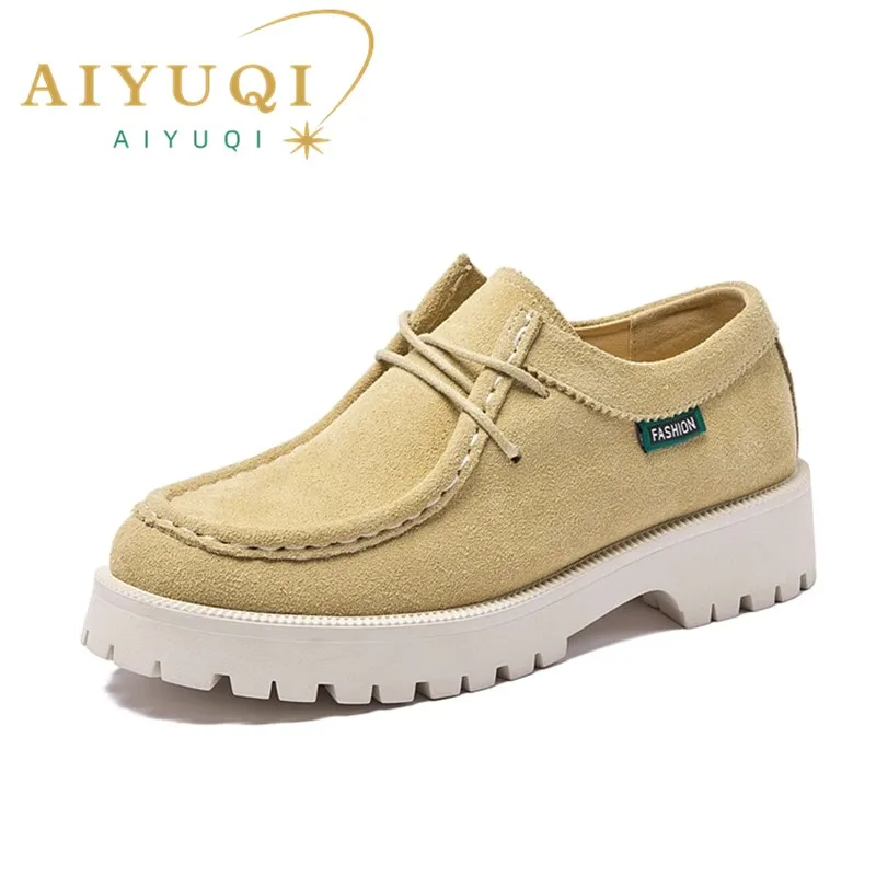 

AIYUQI Women Shoes Loafers Suede Genuine Leather 2025 British Style Lace-Up Student Shoes Women Large Size Classic Ladies Shoes