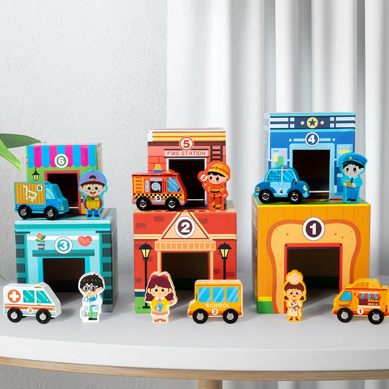 木製シティプレイセット、乗り物とキャラクタービルディングブロック付き、子供向け早期教育知育玩具、シティビルディングブロック