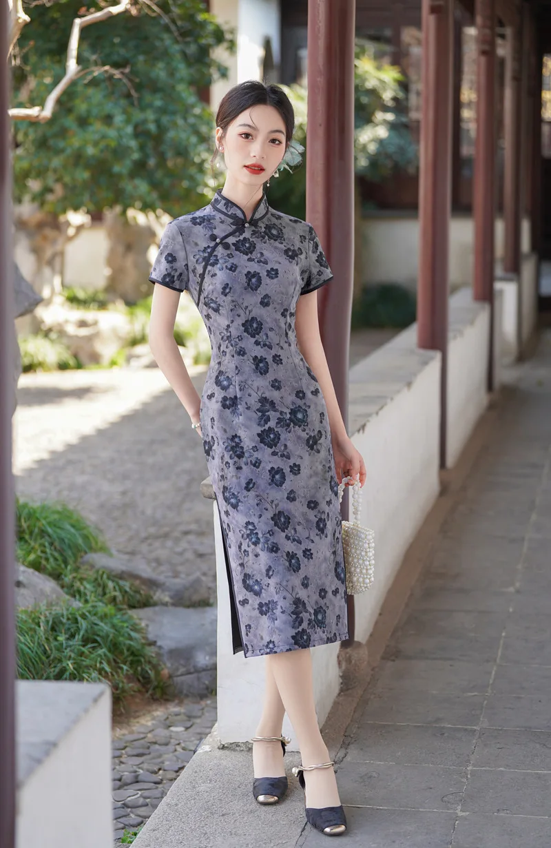 

Old Shanghai Short Sleeve Cheongsam Summer Young Chinese Style Daily Elegant Long Dress Qipao For Women