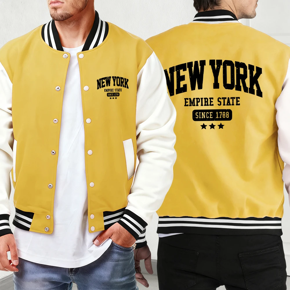 

New York Empire State Since 1788 Prints Jackets Men'S Classic Street Menswear Pocket Fashion Coat Comfy Loose Baseball Jersey
