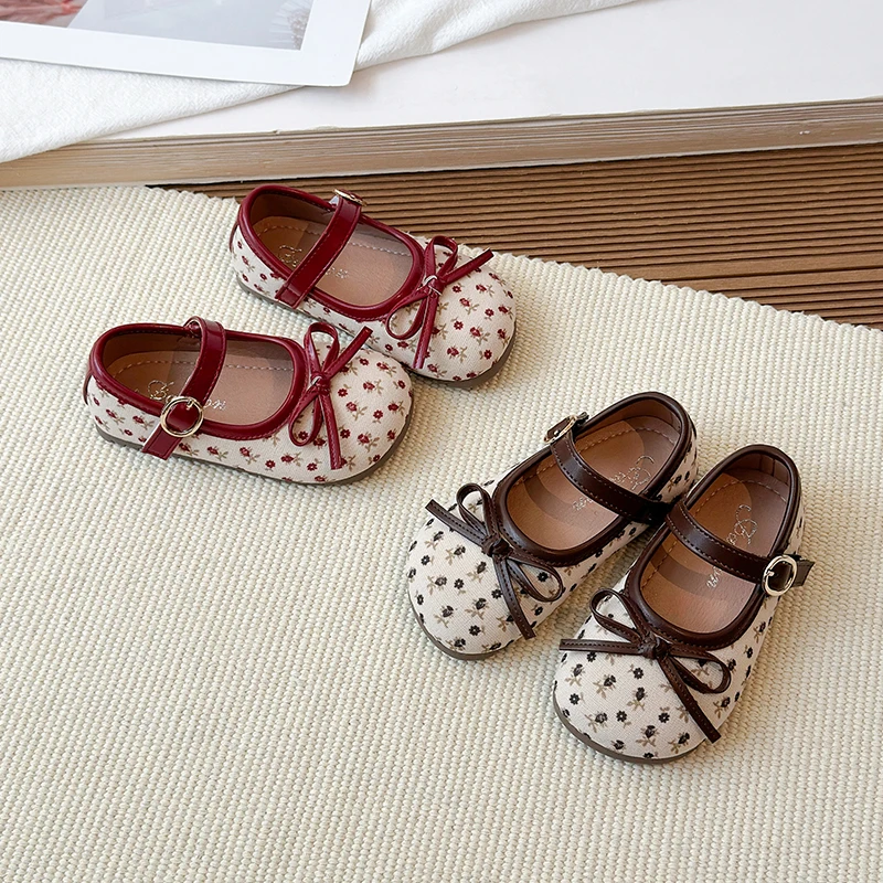 

Детские туфли Мэри Джейн для девочек, весна 2026, с цветочным бантом, на липучке, однотонные, шикарные, очаровательные, повседневные