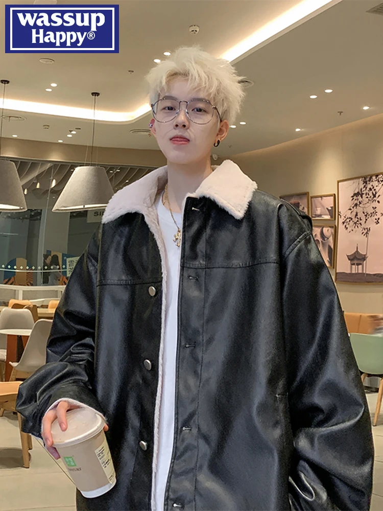 

Мужская зимняя теплая куртка Wassup Happy Korean Sle с утолщенным воротником из овечьего меха, хлопковая, молодежная, модная, из полиэфирного волокна