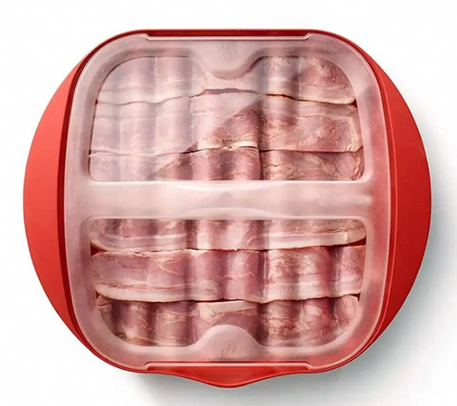 Microwave Bacon Maker-Express Bacon Cooker Tray with Lid-Bacon Cooker for Microwave Oven with Lid-Reduces Fat-Red