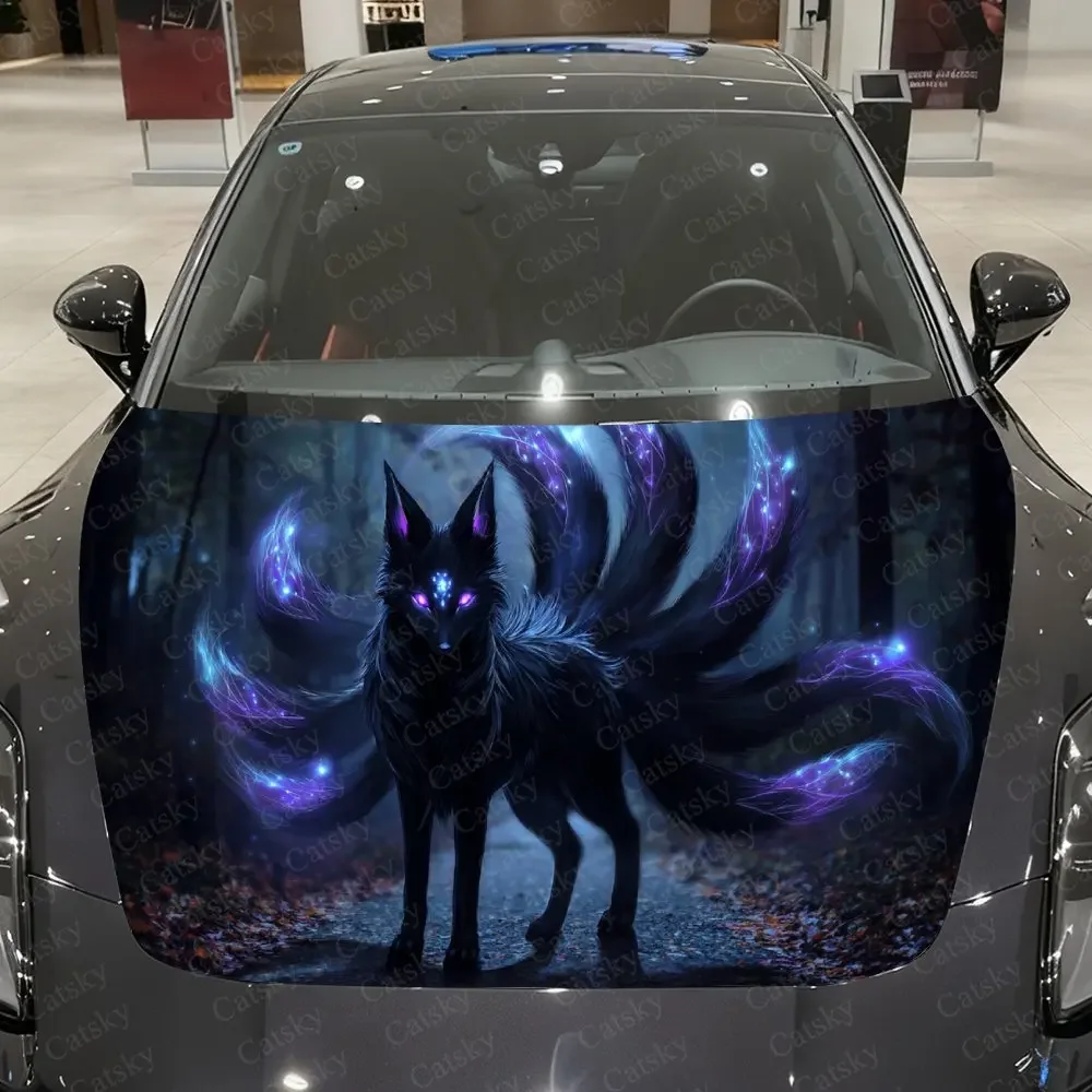 Amethyst Tail-Flame Spirit Fox Car Vinyl Wrap, PVC Waterproof Car Hood Sticker, Self-Adhesive Scratch-Resistant Stickers