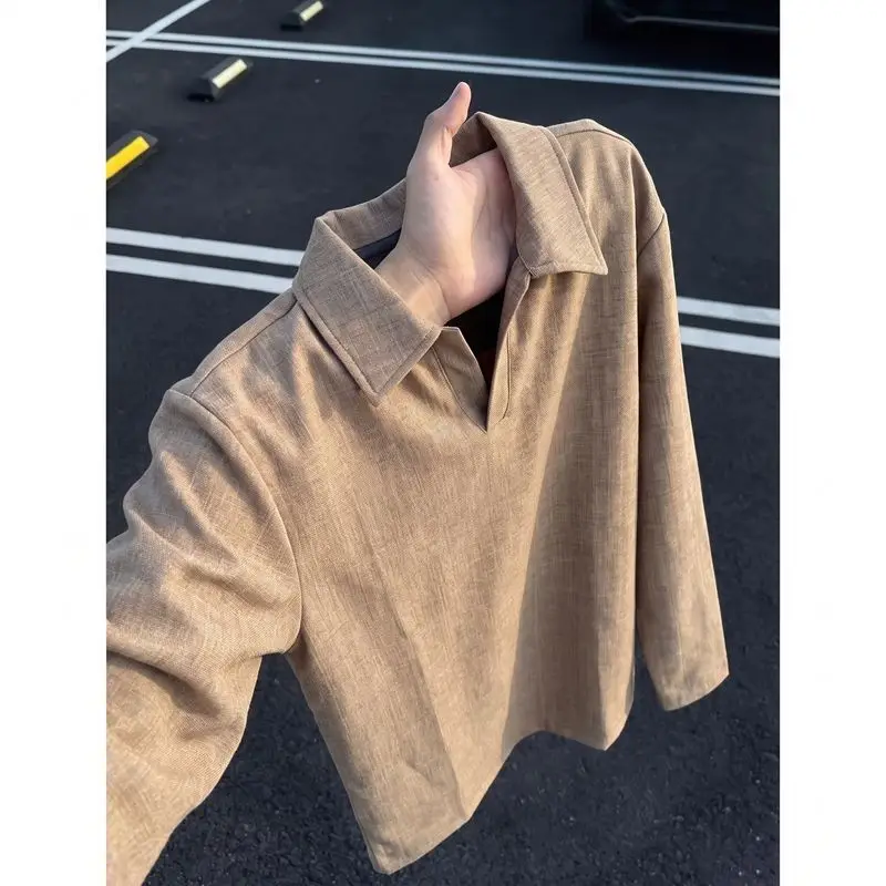 Men Old Money Style Faux Linen Lapel Long Sleeve Shirt Relaxed Cleanfit Casual Autumn Top