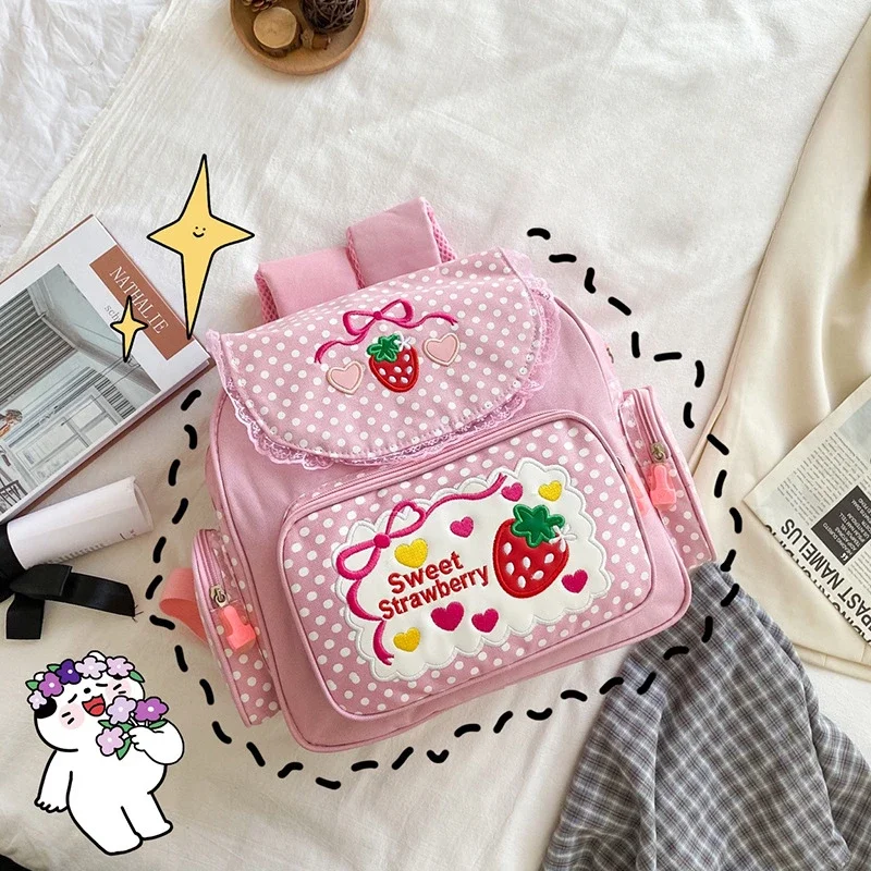 Kawaii детский школьный рюкзак с милой клубничной вышивкой, студенческий Mochila в горошек, нейлоновый модный рюкзак с несколькими карманами для девочек-подростков