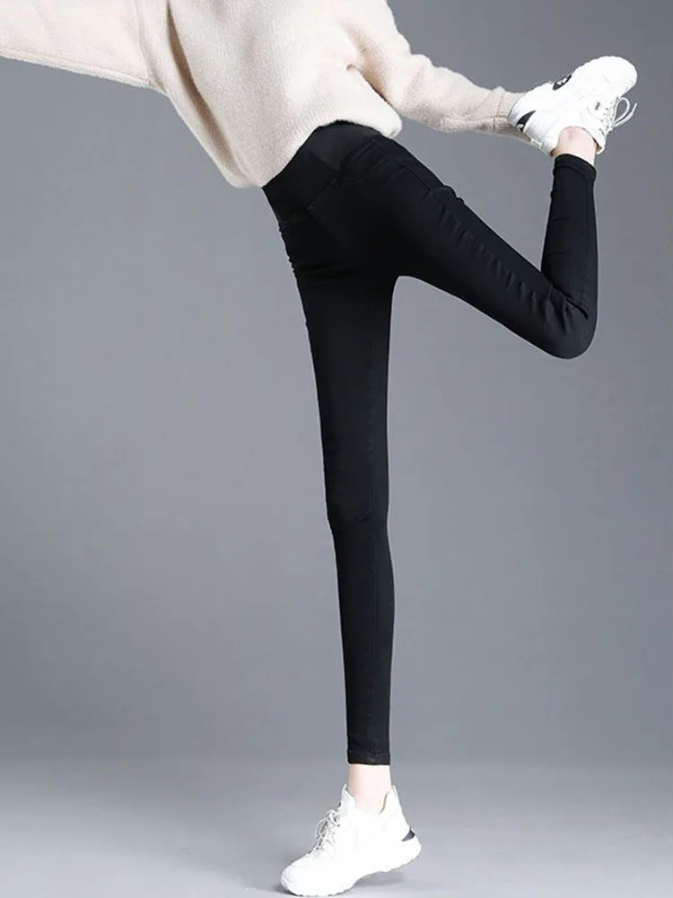 ارتفاع الخصر مستقيم دافئ نحيل الجينز المرأة عادية ريترو سليم الصوف Vaqueros مطاطا الكورية موضة خمر الدينيم السراويل