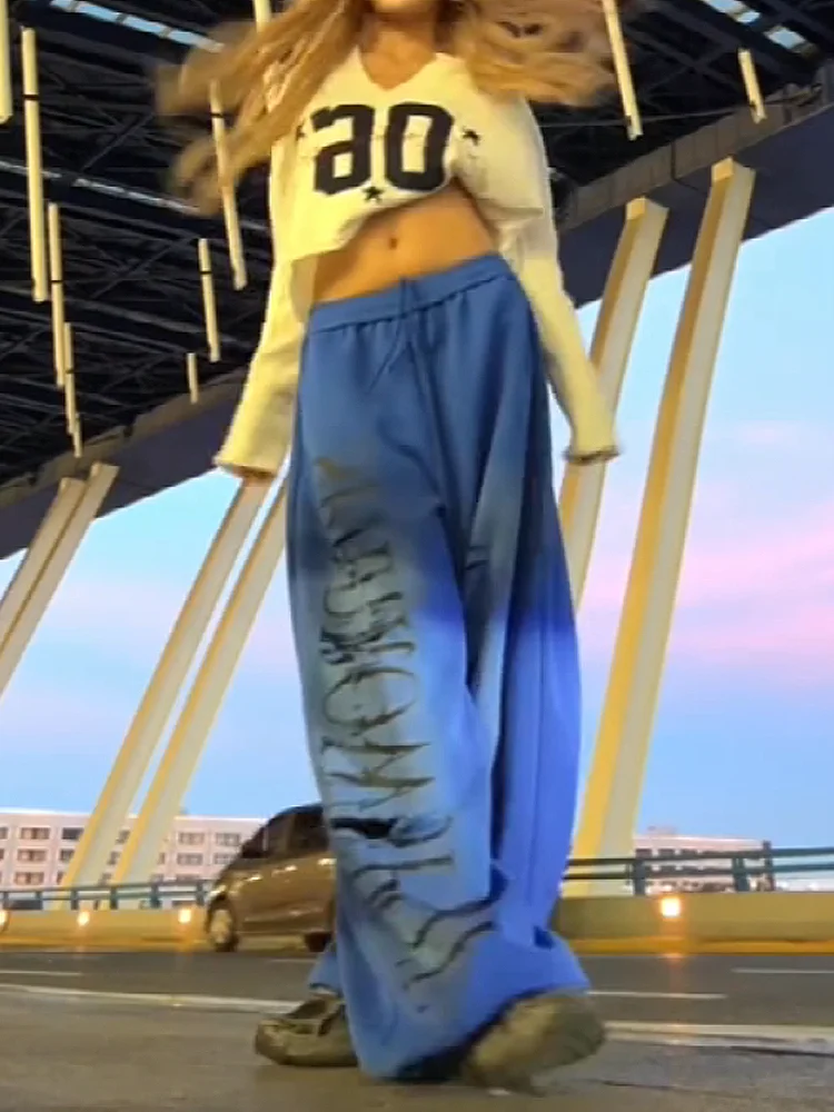 Cool Casual Sport Pants for Women American Sle Distred Wide Leg Sweatpants High Waist Elastic Loose Fit Printed Trousers