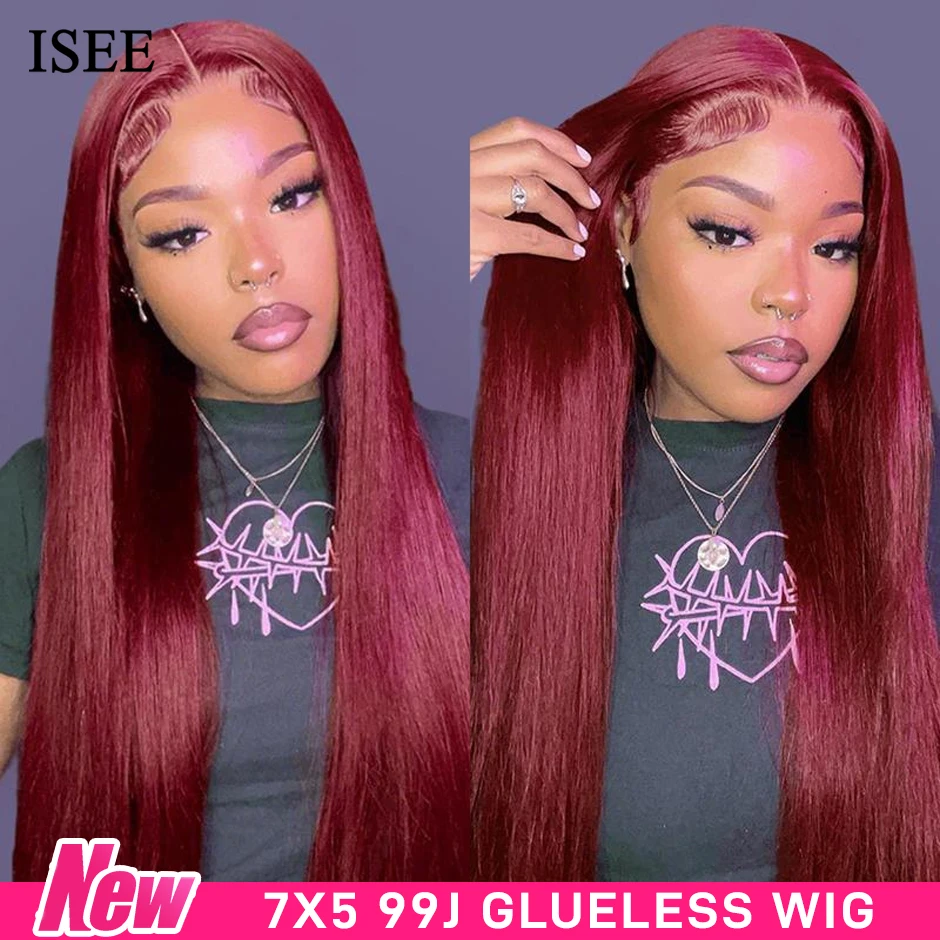 ISEE cheveux nouveauté # 99 Wear Go Straight 7x5 Lace Front perruques couleur bordeaux 100% perruques de cheveux humains pré-coupées dentelle sans colle perruques