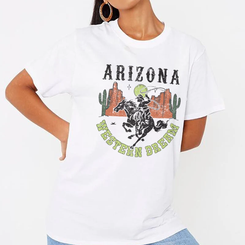 4301 Arizona Cowboy Desert Cactus Graphic T Shirts  Western Cowgirl Women's T-Shirt Ladies Loose Short Sleeve Vintage Shirt Top