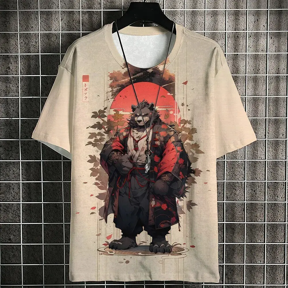 Japanese Samurai Bear Digital Printed Short Sleeves Casual T-Shirt Tees Thin Top New Fashion Top Tees