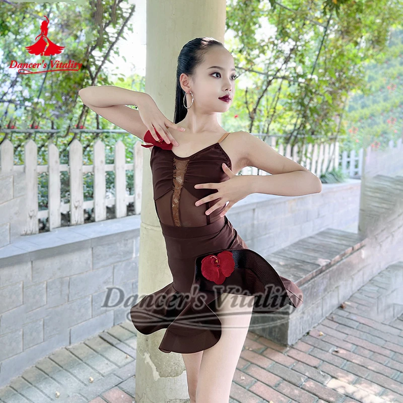 Kinderen Latin Turnpakje + Rok + Bovenkleding Mesh Splicing Training Danskleding Danser Vitaliteit Tieners Chacha Samba 3-delig Pak