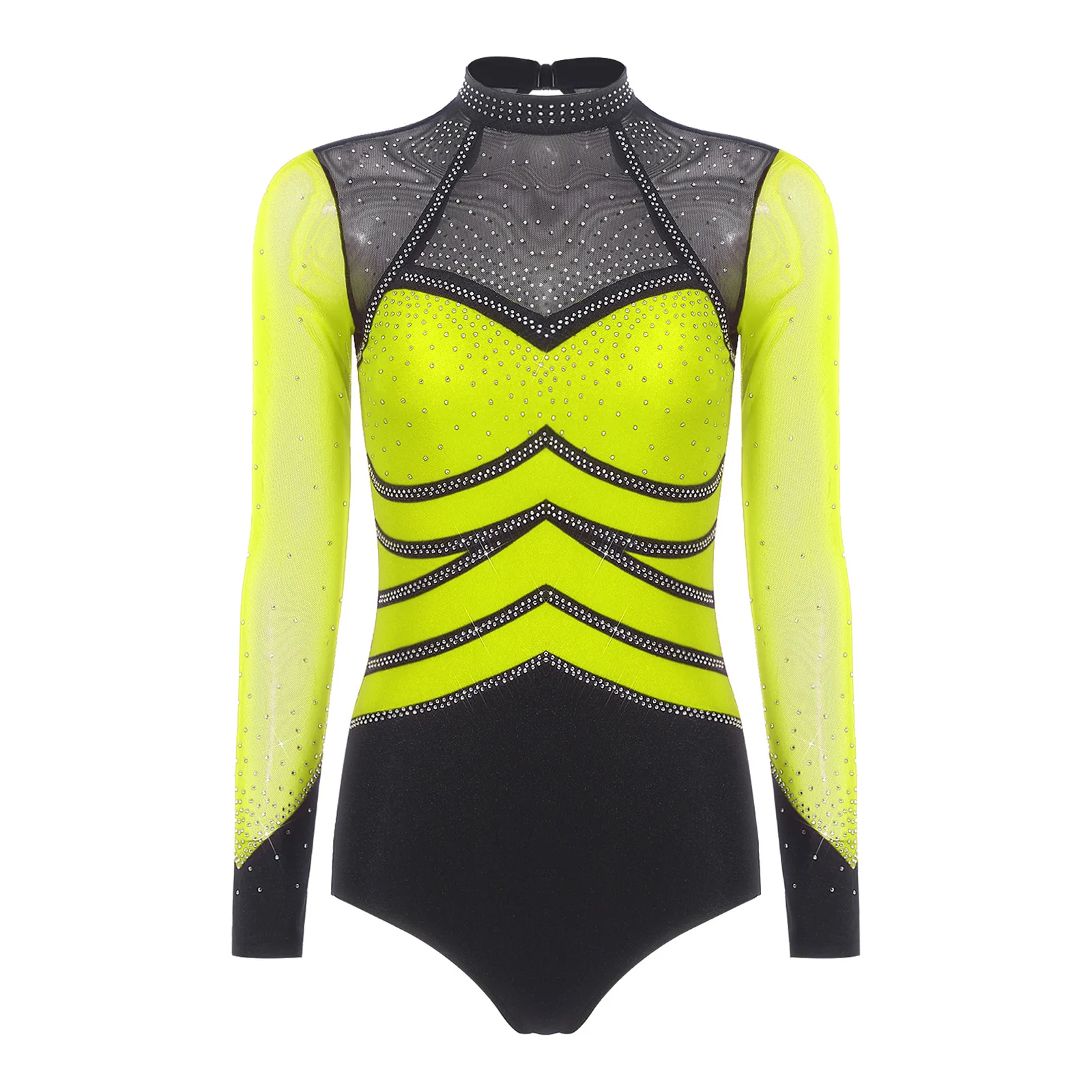 

Women Rhythmic Leotards Gymnastics Figure Skating Dancewear Bodysuit Rhinestones Sheer Mesh Long Sleeve Crotch Buttons Jumpsuit
