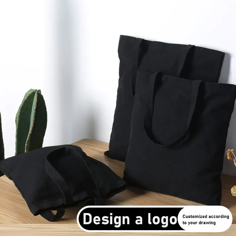 Customizable Print Logo Picture Text Black Canvas Tote Shoulder Bag Custom Bulk Summer Small Shopping Bag