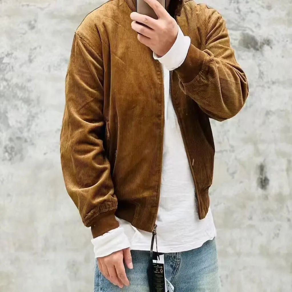 

Briti Sle Pure Color Harrington Embroidery Jaet Collar Casual Sport Corduroy Coat Zipper Closure Long Sve for Men An...