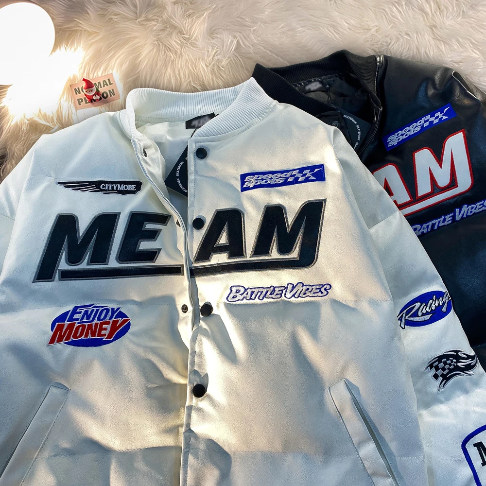 

American Street Sle PU Leather Baseball Jaet Men's Trendy Brand Hip Hop Embroidery Loose Couple Casual Leather Jaet Mot...