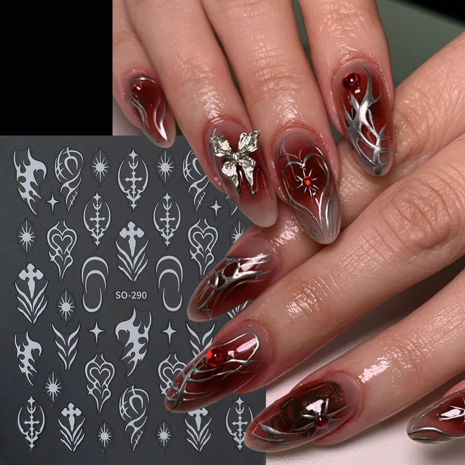 5 pcs Gothic Silvery Golden Metal Line Nail Stickers Black White Heart Stars Adhesive Nail Designs Y2K Laser Wave Nail Decor