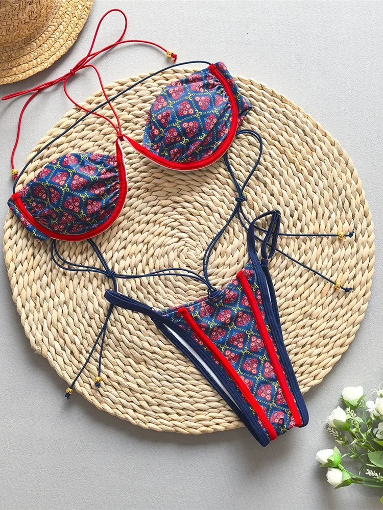 Conjunto de Bikini con cordones y estampado Sexy para mujer, traje de baño dividido de cintura alta, Bikini sin espalda para playa, nuevo traje de baño de verano 2025, conjunto de Bikini