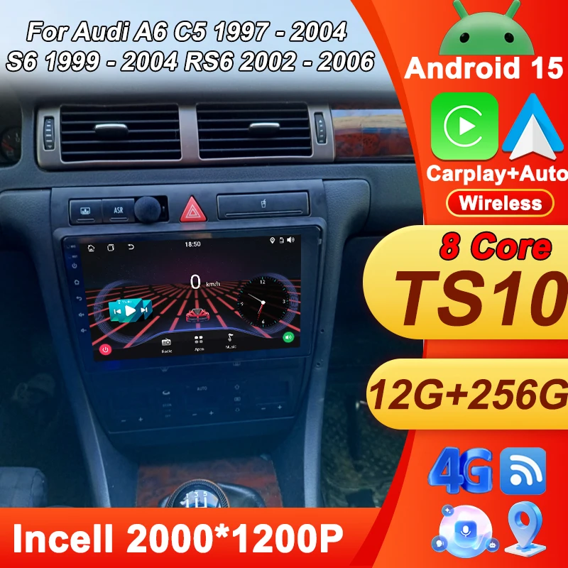 

Стерео авто Carplay для Audi A6 C5 1997-2004 S6 1999-2004 RS6 2002-2006 Автомобильный радиоприемник Android 15 GPS-навигация 8 ядер Wi-Fi DSP