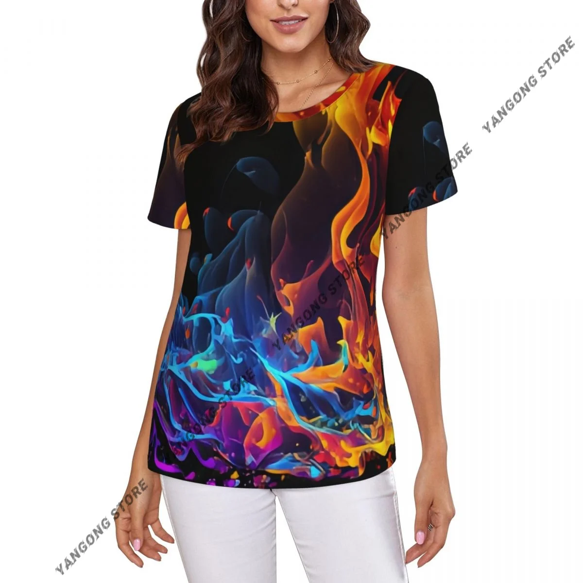 Women's T-shirt Colorful Burning Fire Tshirt Women Casual O-Neck Short Sleeve Tops Tees Clothing