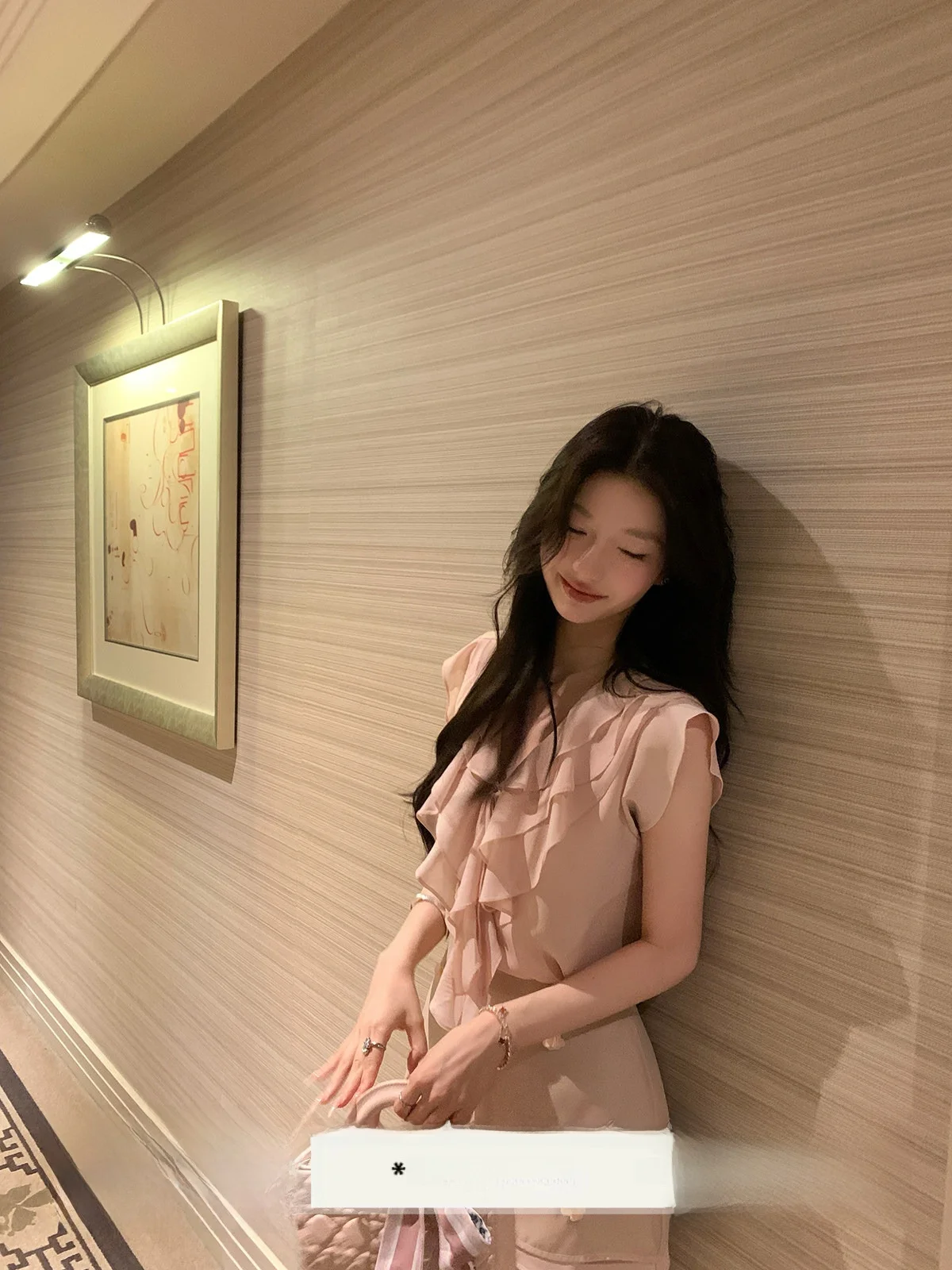 

Розовая шифоновая блузка с рюшами и V-образным вырезом, свободного кроя, в корейском стиле, с длинными рукавами, для повседневной носки